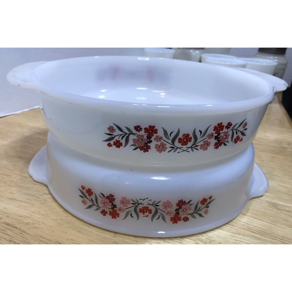 Vintage 2 X 1960s Fire King Primrose Pink & Red Flower 8" Round Casserole Baker